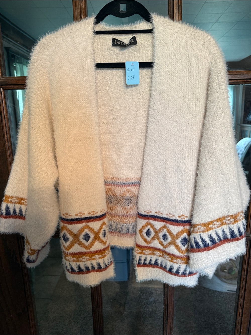 Sweet & Sinful Cream Fuzzy Eyelash Knit Southwestern Boho Open Cardigan Medium